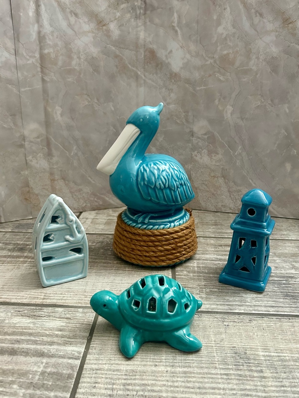 Ceramic Beach Coastal Décor Set Turquoise Pelican Turtle Lighthouse Boat Lights